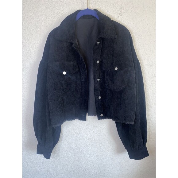 Womens Black Crop Cut Off Corduroy Goth Jacket Grunge Balloon y2k 90s raw hem - Picture 1 of 10